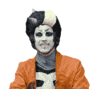 a man wearing a cat costume and an orange jacket is smiling for the camera