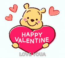 winnie the pooh is holding a red heart that says happy valentine love youa