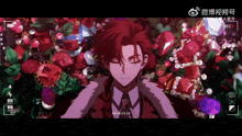 a man with red hair is laying in a field of flowers with a recorder recording him