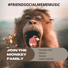 a picture of a monkey with the words " join the monkey family "
