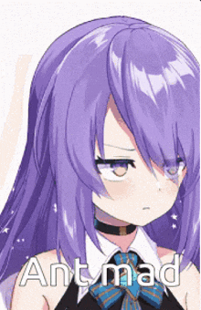 a purple haired anime girl with the word ant mad written on the bottom