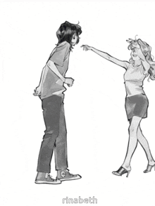a black and white drawing of a man and a woman dancing with the name rinabeth below them