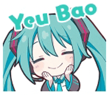 a sticker of hatsune miku with her eyes closed and the words you bao written above her .