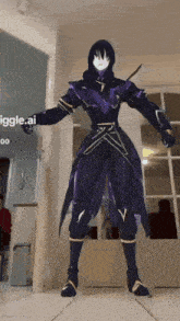 a person in a purple costume is standing in front of a door
