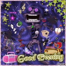 a picture of a robot with the words good evening written on it