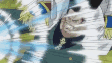 a close up of a man 's face in a cartoon with a sword in his hand .