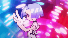 a cartoon girl with blue hair and white gloves is standing in front of a pink and blue background .