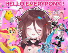 a collage of anime characters with the words hello everypony written above them