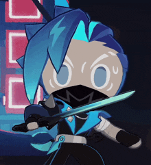 a cartoon character with blue hair and a sword