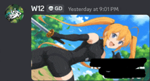 a screenshot of a girl with a sword and the words yesterday at 9:01 pm on the bottom