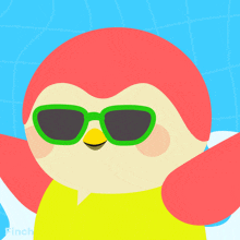 a cartoon of a bird wearing green sunglasses and a yellow shirt with the word finch below it