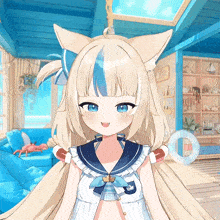 a cute anime girl with blonde hair and blue eyes