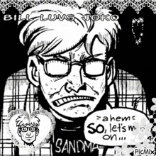 a black and white drawing of a man wearing glasses and a sandmat shirt