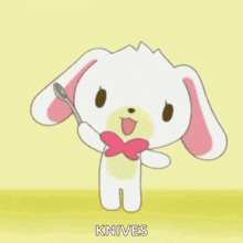 a cartoon rabbit is holding a knife next to a cupcake with strawberries on top .