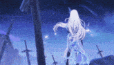 a girl with long white hair is standing in front of a sword in a video game .
