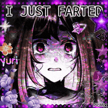 a picture of a girl with the words i just farted