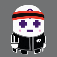 a cartoon character with a red headband and a purple cross on his face