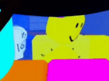 a cartoon character with a yellow face is sitting in front of a pink box .