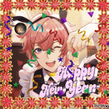 a picture of a girl with pink hair and the words happy new year on the bottom