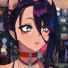 a close up of a girl 's face with a red choker and necklace