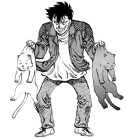 a man in a leather jacket is holding two cats