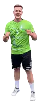a man in a green shirt with the number 5 on it is standing with his fist in the air