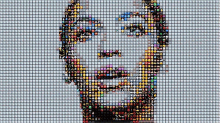 a mosaic of a woman 's face made up of dots and squares