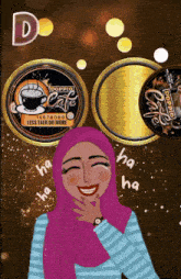 a woman wearing a pink hijab is laughing in front of a doppio cafe sign