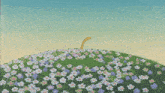 a cartoon dog is standing on top of a field of flowers