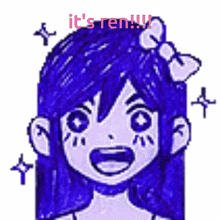a pixel art drawing of a girl with blue hair and a bow in her hair