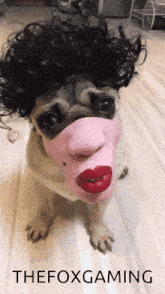 a dog wearing a pink mask with red lips and the foxgaming written below it