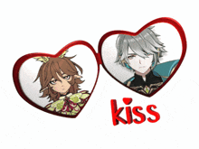 a couple of hearts with the word kiss in red