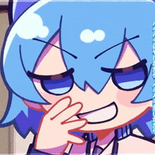a cartoon drawing of a girl with blue hair covering her mouth