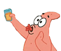 patrick star from spongebob squarepants is holding up a glass of orange juice .