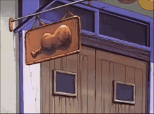 a cartoon drawing of a sign hanging from a wooden door .