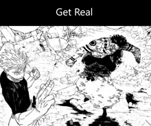 a black and white drawing of a man standing next to another man with the words get real below it