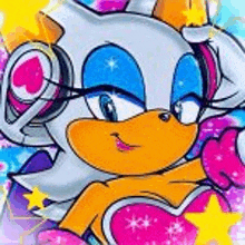 a close up of a cartoon character wearing headphones and a heart shaped glove .