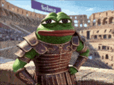a frog in armor stands in front of a sign that says solara