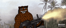 a cartoon drawing of a bear holding a gun with the words $ fuzzy on the bottom