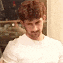 a man with a beard and mustache is wearing a white shirt and looking at the camera .