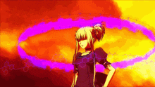 a girl is standing in front of a purple circle