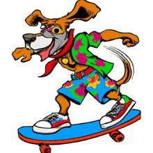 a colorful drawing of a dog wearing a shirt and shorts riding a skateboard