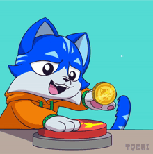 a cartoon of a cat holding a gold coin with the word toshi on the bottom