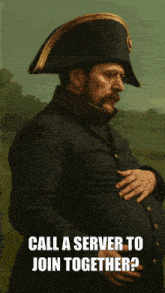 a painting of a man holding his belly with the words call a server to join together below him