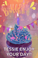 a cupcake with blue frosting and a candle on top of it