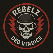 a rebelz logo with a skull wearing a helmet and lightning bolts