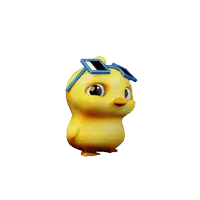 a yellow cartoon chicken wearing blue sunglasses on its head