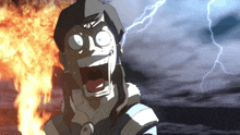 a cartoon character is screaming in front of a fire