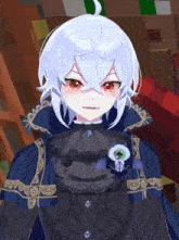 a girl with white hair and red eyes is wearing a black and gold dress