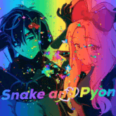 a snake and a pyor anime poster with a rainbow background